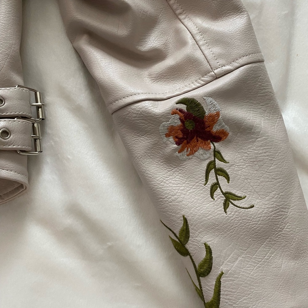Faux Leather Embroidered Floral Beige Jacket with studs - Picture 7 of 7